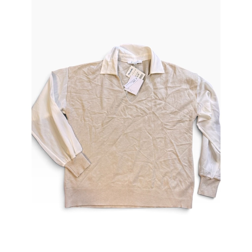 Sioni Milano NWT Layered V Neck Sweater White Collared Shirt Beige Women's